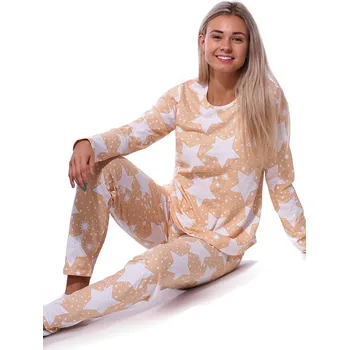 Dámské pyžamo Tmavě žluté - béžové pyžamo pro ženy či dívky a bílé zářivé hvězdičky 1B2136 béžová m