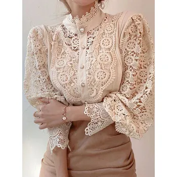 Dámská halenka Ažurová halenka se širokými rukávy a stojáčkem Barva: Aprikotová, Velikost: L