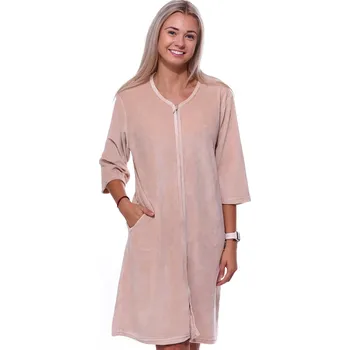 Dámský župan Béžový elegantní hřejivý župan na zip ze sametu pro plnoštíhé ženy či dívky - velur 1TB0060 béžová 1xl