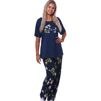 Dámské pyžamo Modré i zelené pyžamo pro plnoštíhlé ženy či dívky se žlutými a růžovými květinami 5XL-7XL 1B1929 modrá 7xl