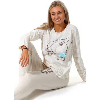 Dámské pyžamo Béžové pruhované dámské pyžamo se štěnětem, nohavice s nápisem do nápletu 1B1839 béžová xl