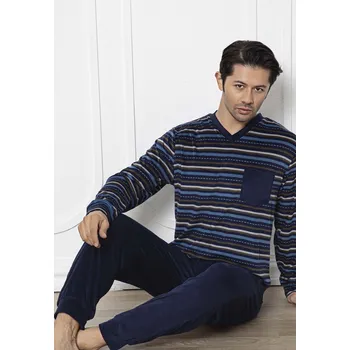 Pánské pyžamo Modré a hnědě i šedě pruhované TERMO hřejivé pánské pyžamo s náprsní kapsou 1P1807 modrá l
