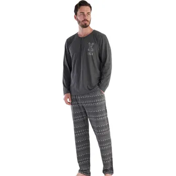 Pánské pyžamo Tmavě šedé pyžamo s knoflíky, norsykým vzorem a jelenem, pro plnoštíhlé muže big 1P1531 šedá 2xl