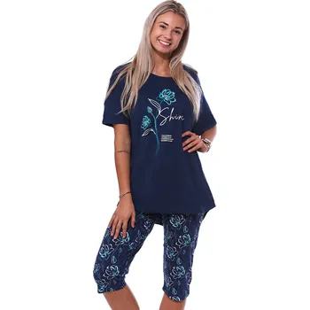Dámské pyžamo Modré pyžamo pro plnošíhlé ženy či dívky s 3/4 nohavicí azurové květy 1B1931 modrá 6xl