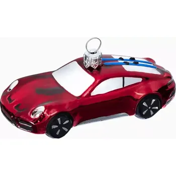 PORSCHE Christmas tree decorations, Collector's Edition No. 5 Vánoční ozdoba červená (Ručně malované ozdoby na vánoční stromeček Porsche ve tvaru Porsche 911 Dakar s lyžemi. Vyrobeno v Evropě.)