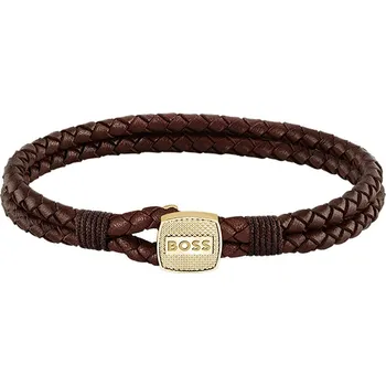Módní doplněk Hugo Boss Hnědý pletený náramek z kůže Seal 1580667 17,5 cm + 2 měsíce na vrácení zboží