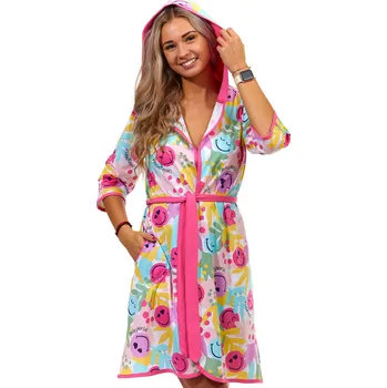 Dámský župan Duhově barevný lehký župan s kapucí na kojení do porodnice veselý smajlíci 1G0509 vzorovaná l