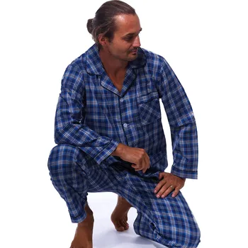 Pánské pyžamo Modré a šedě kárované klasické bavlněné pyžamo pro muže celopropínací a i s poklopcem 1PF0088 modrá m
