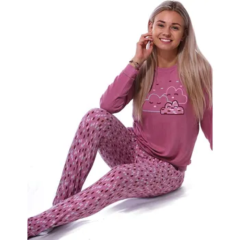Dámské pyžamo Starorůžové a vínové hřejivé TERMO pyžamo pro ženy či dívky na zimu s obláčky mráčky 1B2142 vínová l
