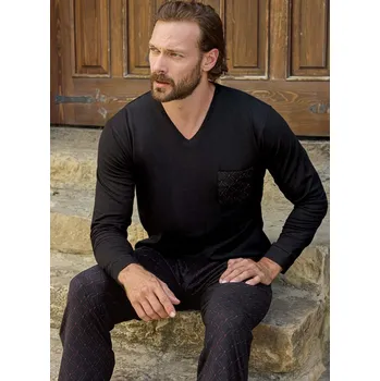 Pánské pyžamo Černé a vínově kárované pyžamo pro muže s náprsní kapsou 1P1821 černá m