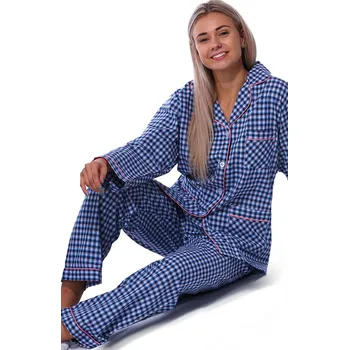 Dámské pyžamo Pyžamo pro ženy celopropínací modré kárované elegantní z plátýnka, bavlna 1DF0037 modrá xxxl