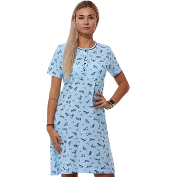Dámské noční prádlo Nebesky modrá noční košilka pro ženy či dívky na knoflíky se srdíčky a LOVE 1C3572 modrá xl