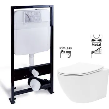 WC sada PRIM předstěnový instalační systém bez tlačítka + WC REA Carlo Flat Mini Rimless + SEDÁTKO PRIM_20/0026 X CF1