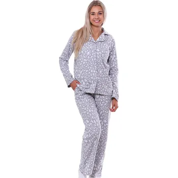 Dámská noční košile Šedé elegantní celopropínací teplé pyžamo z bavlny pro ženy na kojení či dívky grafitové květy 1TB0019 šedá m