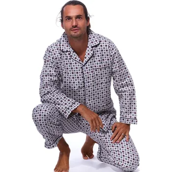 Pánské pyžamo Béžověšedé a hnědě vzorované teplé klasické pyžamo pro muže z flanelu 1PF0080 hnědá m