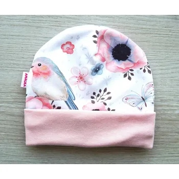 Kojenecké oblečení AMÁLKA Elastická čepička teplákovina, přeložený lem, ptáčci Velikost: 62-68