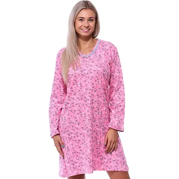 Dámské noční prádlo Růžová a šedě květovaná noční košilka s dlouhými rukávy pro ženy či dívky 1C3847 růžová xxl