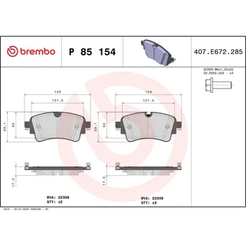Brzdová destička BREMBO P 85 154 BREMBO Brzdy Oblozeni a