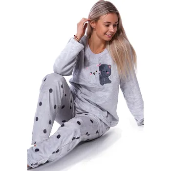 Dámské pyžamo Šedé puntíkaté extra teplé huňaté pyžamo na zimu pro ženy zamilované kočičky BIG SIZE 1Z1673 šedá 3xl
