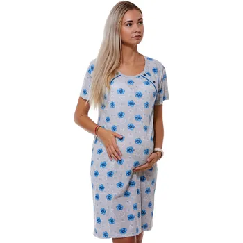 Dámská noční košile Šedá a modře květovaná kojící i těhotenská noční košilka dvojpropínací na knoflíky 1C3560 šedá l