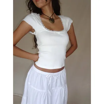 Dámská halenka Tričko s hranatým výstřihem a mašlí Barva: Bílá, Velikost: S