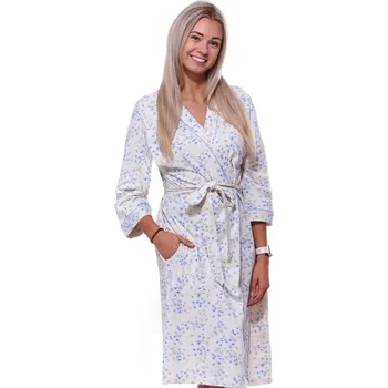 Dámský župan Smetanový a modře květovaný lehký župan do porodnice na kojení 1G0595 béžová 3xl