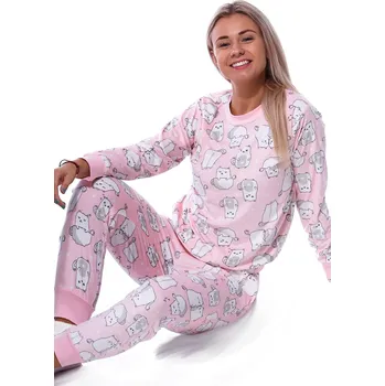 Dámské pyžamo Růžové i bílé hřejivé termo pyžamo pro ženy či dívky na zimu s kočkami 1B2158 růžová l