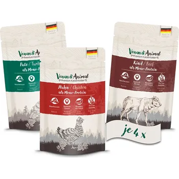 Krmivo pro kočku Venandi Animal – zkušební balení I, 4× kuřecí, 4× kachna, 4× hovězí 12× 125 g
