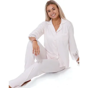 Dámské noční prádlo Jemně růžové pyžamo s bílou krajkou elegantní romantické celopropínací na knoflíky na kojení 1B1873 růžová s