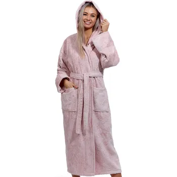 Dámský župan Světle růžové luxusní dlouhý župan pro ženu z extra froté MOTÝLÍ VZOR 1ZF3000 růžová l-xl