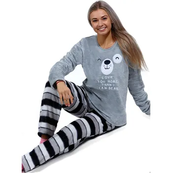 Dámské pyžamo Šedé i černě pruhované extra teplé huňaté pyžamo na zimu pro ženy SPÍCÍ ČUMÁČEK 1Z1663 šedá s