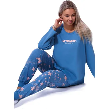 Dámské oblečení Modré i růžové hvězdičkové luxusní hřejivé bavlněné pyžamo pro plnoštíhlé ženy či dívky 1TB0076 modrá 3xl