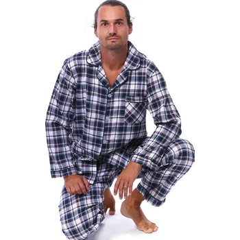 Pánské pyžamo Hnědé šedé a modře kárované klasické bavlněné pyžamo pro muže celopropínací a i s poklopcem 1PF0085 hnědá m