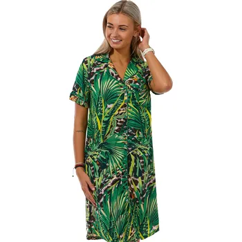 Dámská noční košile Zelená dámská noční košile s límečkem džungle, palmy a tygří vzor 1D1259 zelená m