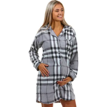 Dámské noční prádlo Šedě károvaná klasická celopropínací košilka extra teplá na kojení 1Z1448 šedá s