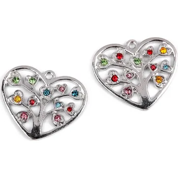 Přívěsek Přívěsek srdce se stromem života a broušenými kamínky 26x30 mm - platina, 360547