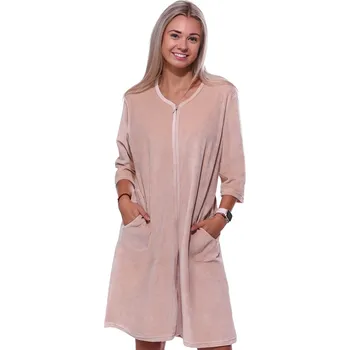 Dámský župan Béžový elegantní kojící župan do porodnice na zip ze sametu pro plnoštíhlé ženy či dívky 1TB0060 béžová 2xl
