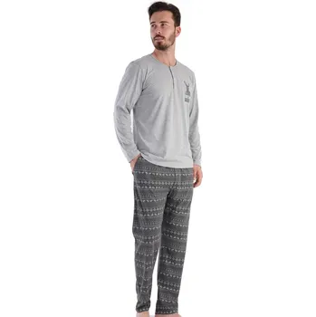 Pánské pyžamo Šedé pyžamo s knoflíky, norsykým vzorem a jelenem, pro muže 1P1564 šedá m