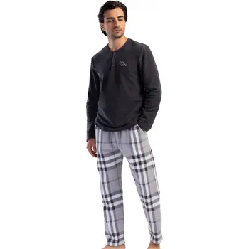 Pánské pyžamo Šedé kárované EXTRA hřejivé elegantní pyžamo pro muže propínací u krku na knoflíky ARIGIN 1Z1669 šedá xl
