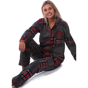 Dámské noční prádlo Šedé i červeně kárované elegantní dokonale teplé pyžamo s límečkem pro ženy či dívky 1Z1670 červená l