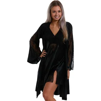 Dámská noční košile Černá sexy košilka a župan, krajkovaný a saténový komplet 1E8473 černá L