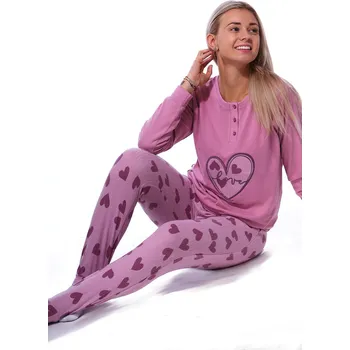 Dámské noční prádlo Starorůžové a vínové hřejivé TERMO pyžamo pro ženy či dívky u krku na knoflíky se srdíčky LOVE 1B2144 růžová m