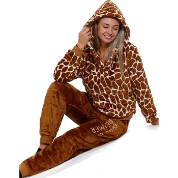 Dámské pyžamo Hnědé strakaté extra teplé huňaté pyžamo na zimu pro ženy s kapucí zvířecí vzor ŽIRAFA 1Z1606 hnědá s