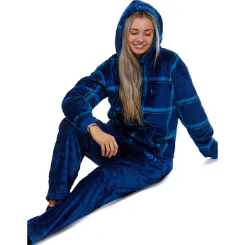 Dámské pyžamo Modré a tyrkysově kárované extra teplé huňaté pyžamo s kapucí pro ženy i dívky 1Z1602 modrá xxl