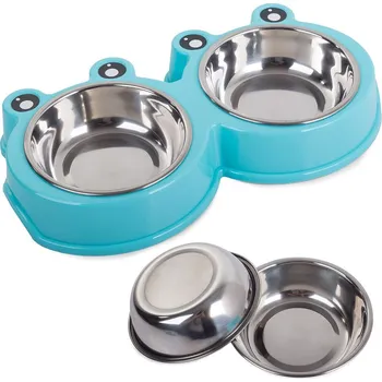 Miska pro psa MrHome Dvojitá kovová miska pro psy a kočky ve tvaru žáby, 0,3l - modrá