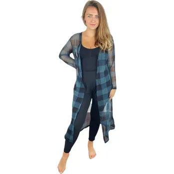 Dámská halenka Elegantní dlouhý kardigan - kostkovaný zelený Velikost: XL