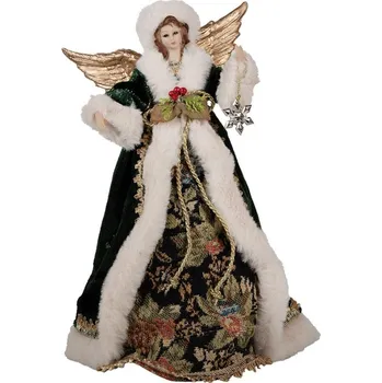 Vánoční dekorace Clayre & Eef Anděl ve zdobných zelených šatech na špičku stromku Angel Chris - 20*15*28 cm bílá