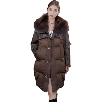 Dámská parka Prošívaný zimní kabát s kožíškem z mývalu Barva: Khaki, Velikost: S