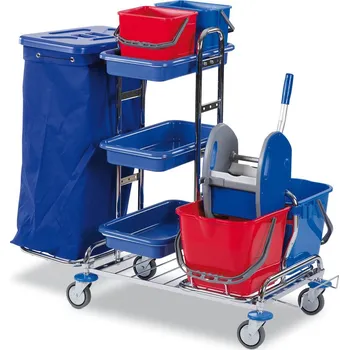 Čisticí vozík se čtyřmi kbelíky, ždímač, 3 plastové misky, držák na odpadkový pytel