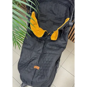 Podložka do sportovního kočárku s připínací dekou - černá s hořčicovým fleecem